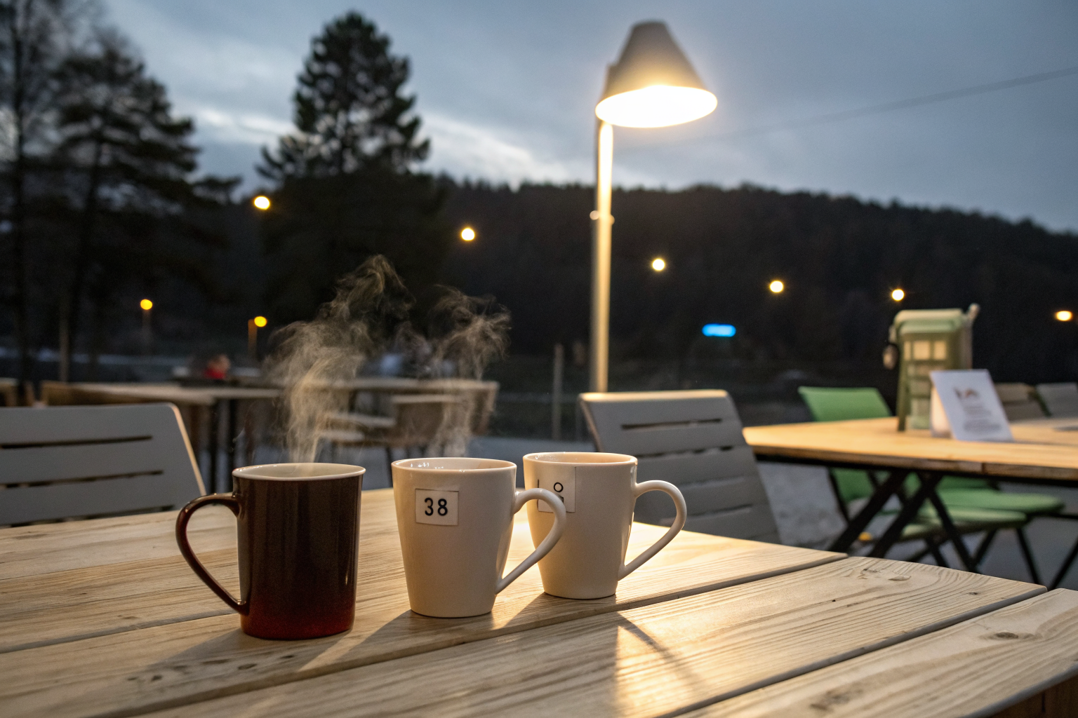 Twee dampende mokken thee op een houten tafel in avondlicht, warme lamp op de achtergrond.