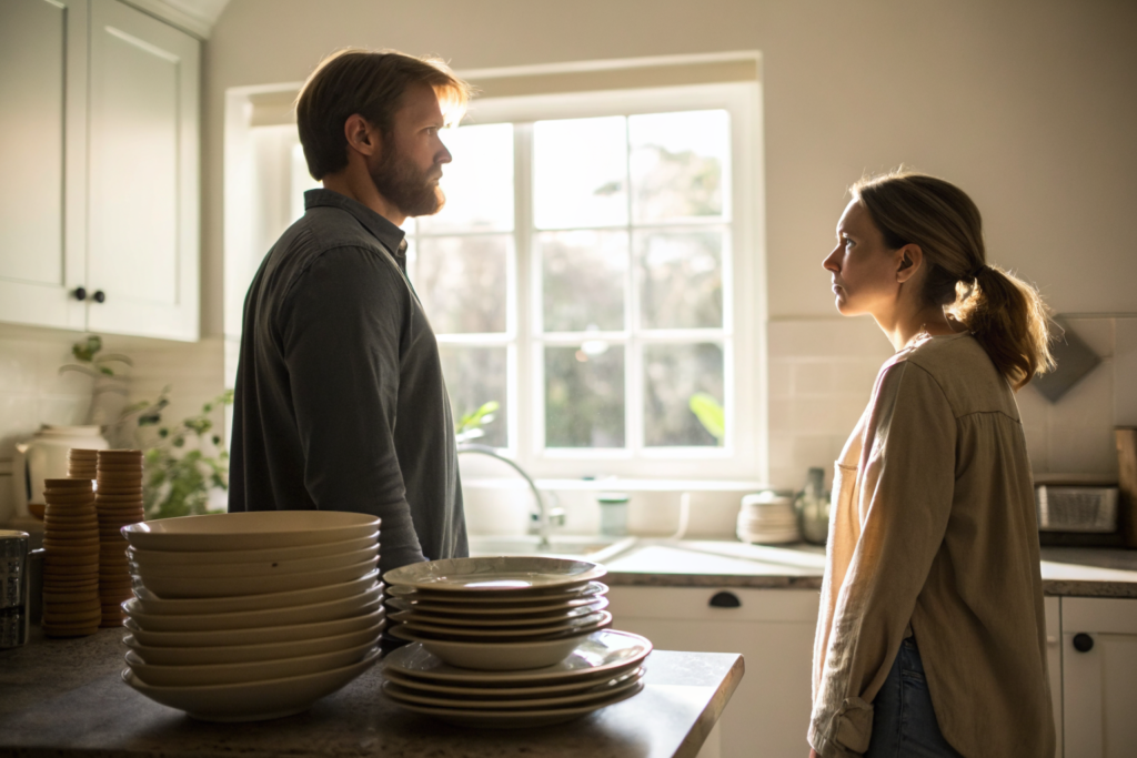 Beeld bij steeds dezelfde ruzie: A man and a woman standing a little apart in a bright kitchen in the early morning