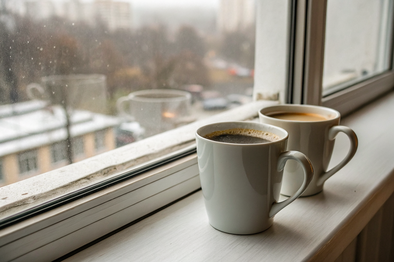 Beeld bij steeds dezelfde ruzie: Two mugs of coffee gone cold and untouched on a windowsill