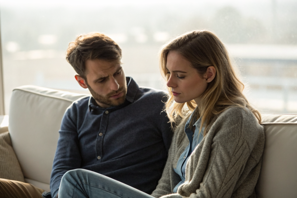 Beeld bij capaciteit voor herstel: A man and a woman sitting close together on a sofa in soft diffused daylight