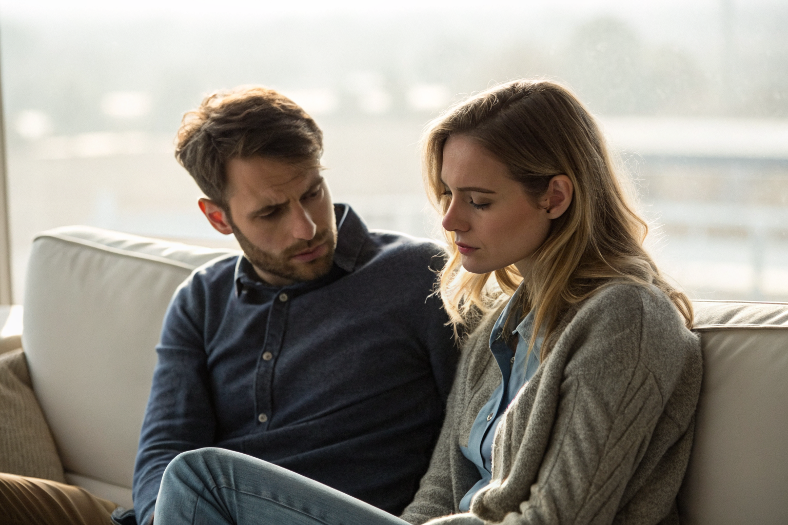 Beeld bij capaciteit voor herstel: A man and a woman sitting close together on a sofa in soft diffused daylight