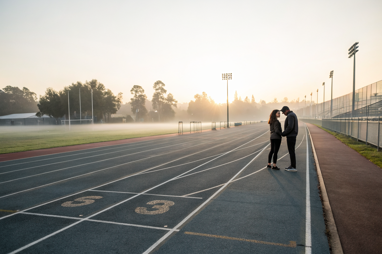 Beeld bij capaciteit voor herstel: An empty athletics track at dawn