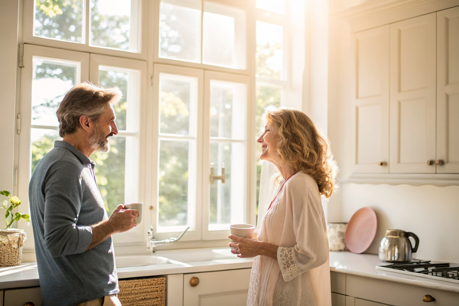 Beeld bij one adult man and one adult woman talking warmly in a sunlit kitchen
