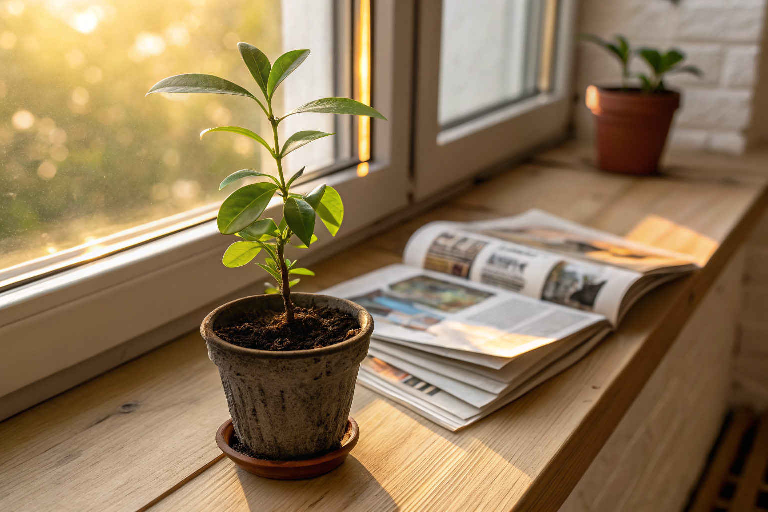 Een klein groen plantje op een houten vensterbank in warm ochtendlicht met ontluikende blaadjes