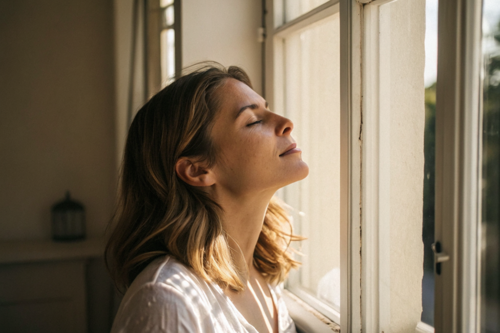 Beeld bij vertrouwdheid in relaties: one adult woman taking a calm breath by a sunny window