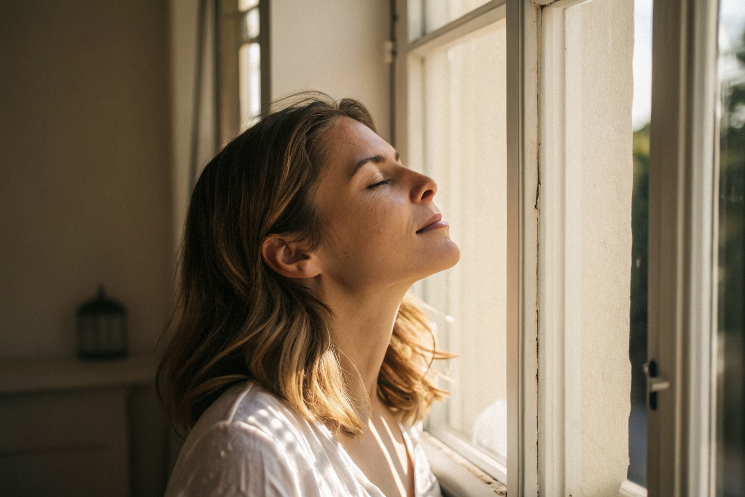Beeld bij vertrouwdheid in relaties: one adult woman taking a calm breath by a sunny window