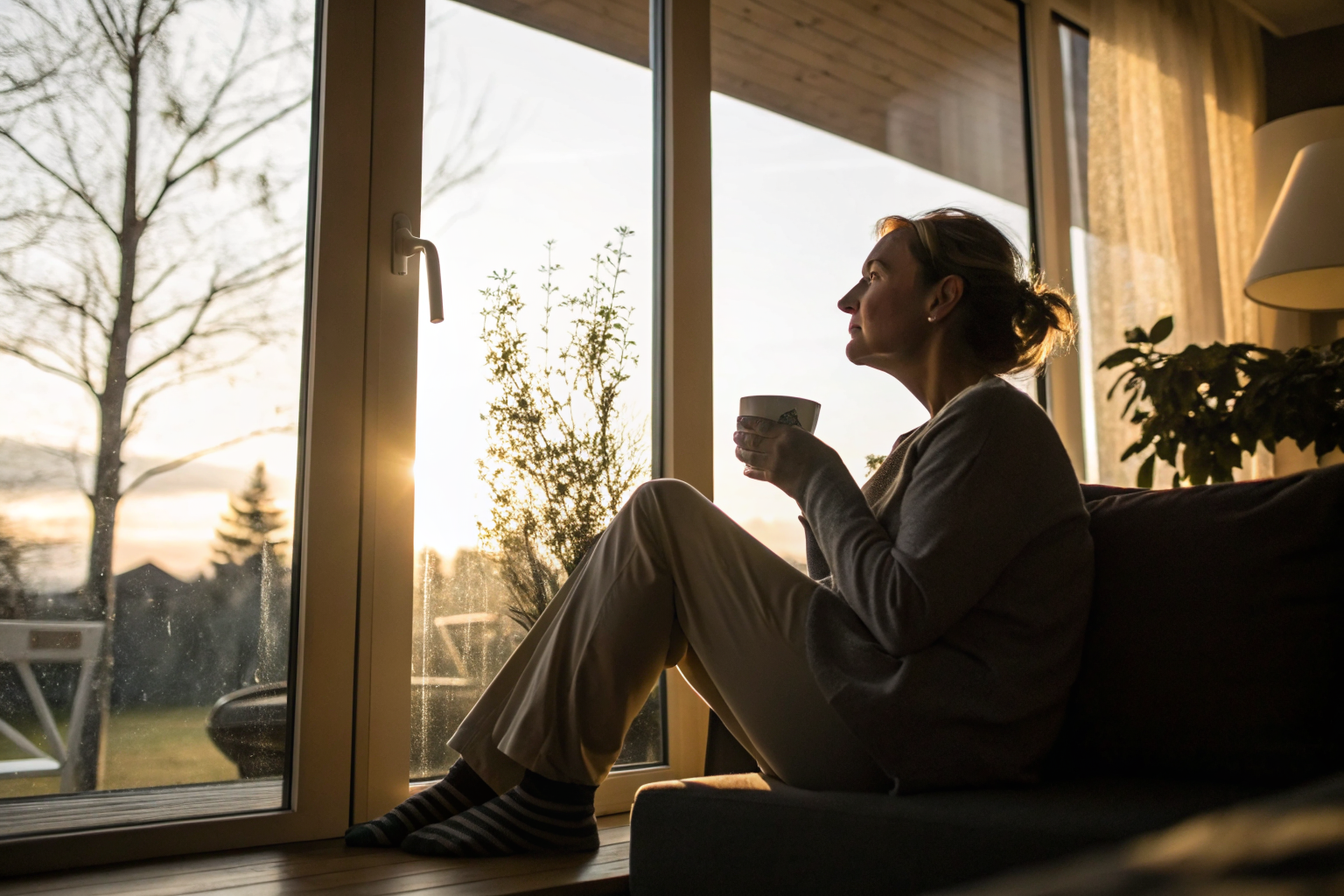 Beeld bij vertrouwdheid in relaties: one adult woman sitting by a bright window with a cup of tea
