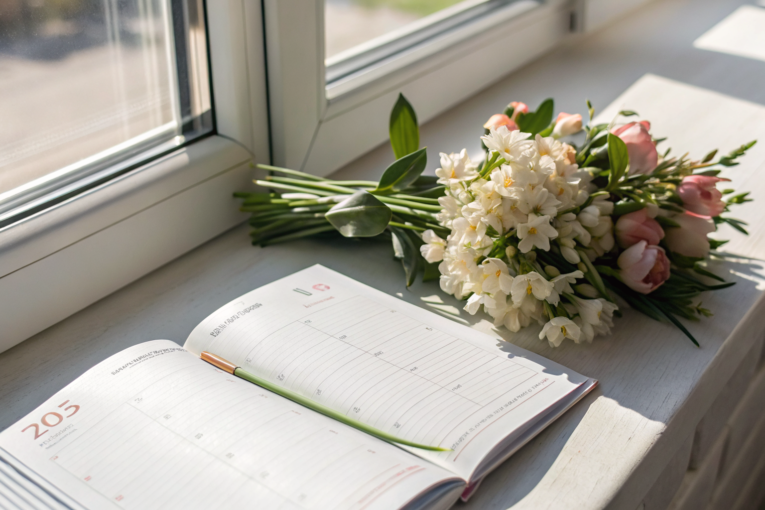 Beeld bij vertrouwdheid in relaties: an open planner and fresh flowers on a sunny windowsill