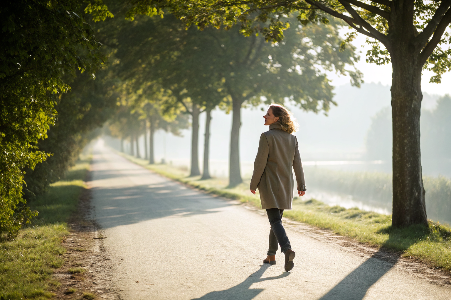 Beeld bij one adult woman walking lightly along a bright tree-lined path