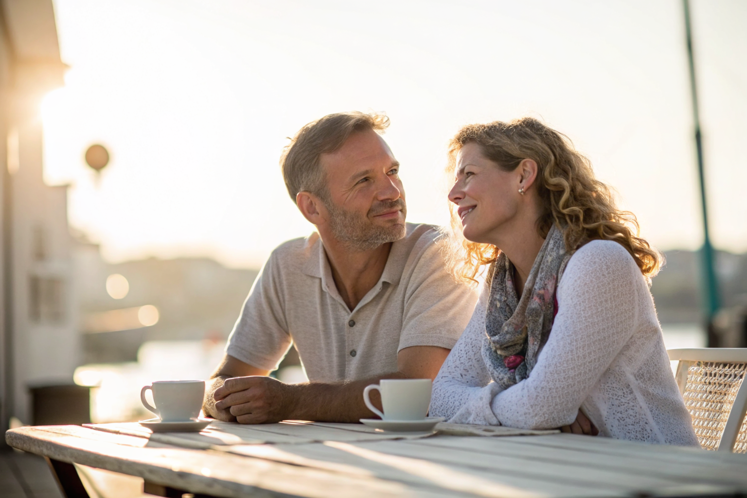 Beeld bij one adult man and one adult woman sitting close and relaxed in bright daylight