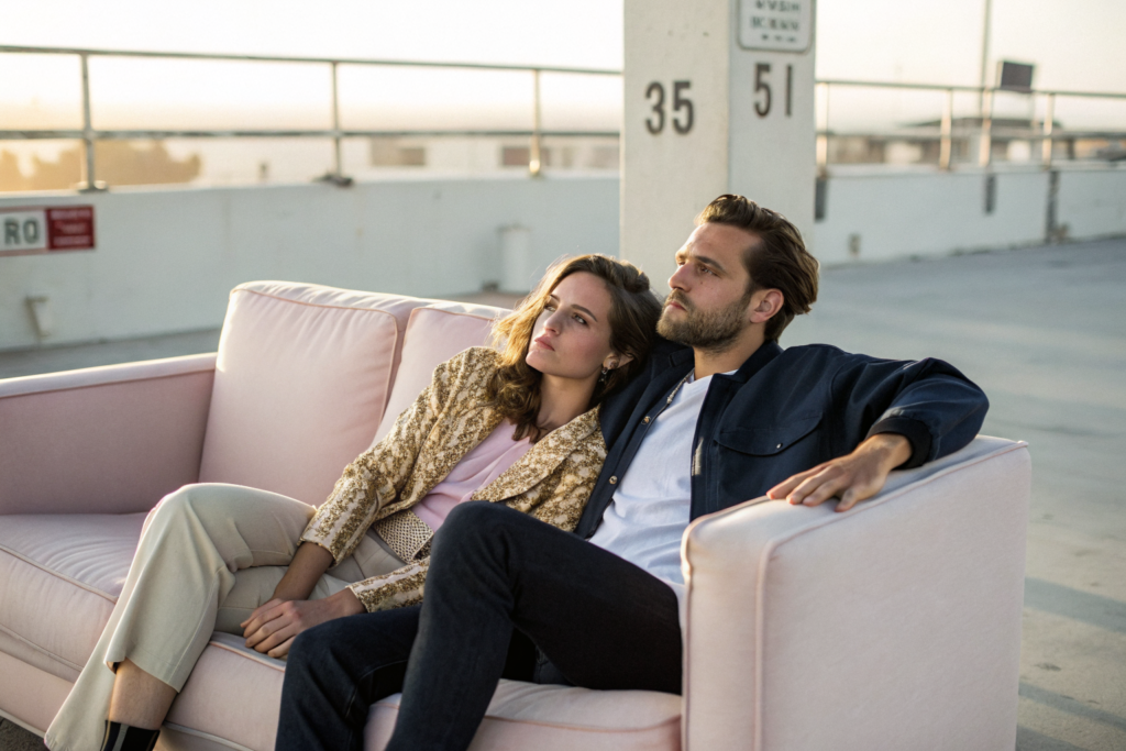 Beeld bij eigenwaarde en aantrekkingskracht: A man and a woman sitting on a pale sofa in soft diffused morning light