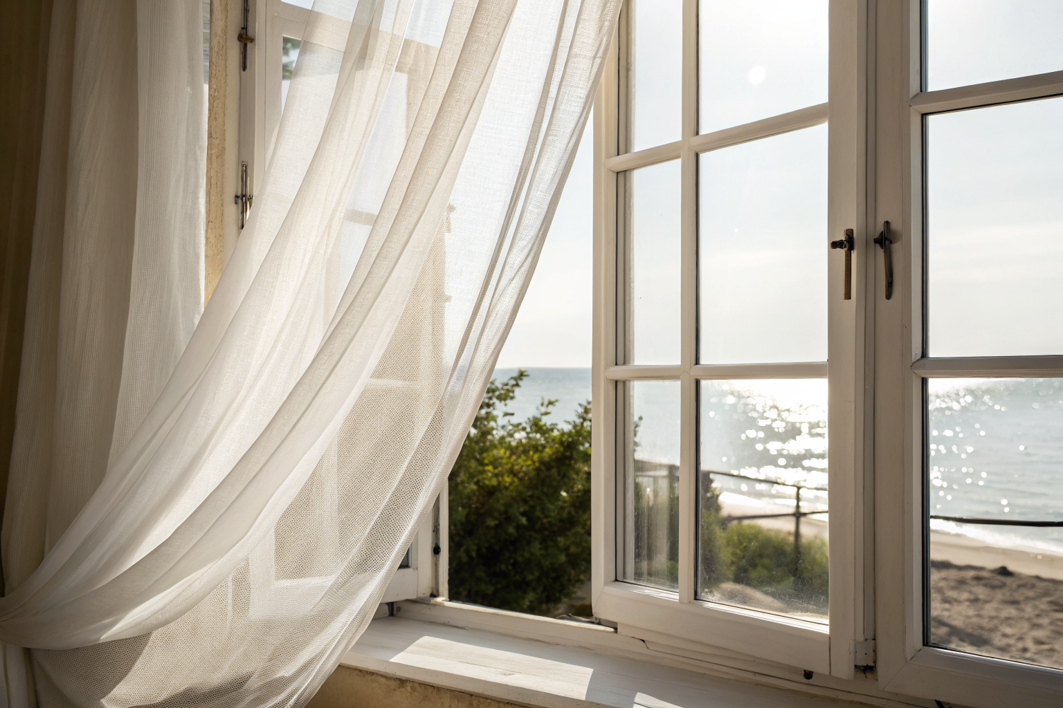 Beeld bij eigenwaarde en aantrekkingskracht: Sheer white curtains drifting in a light breeze beside a half-open window