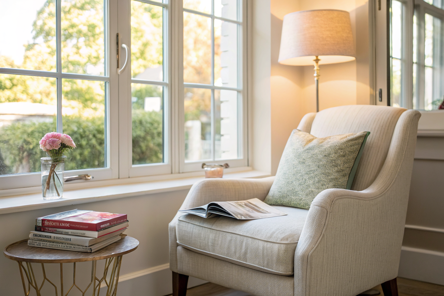 Beeld bij a bright, inviting reading corner with a soft chair by a window
