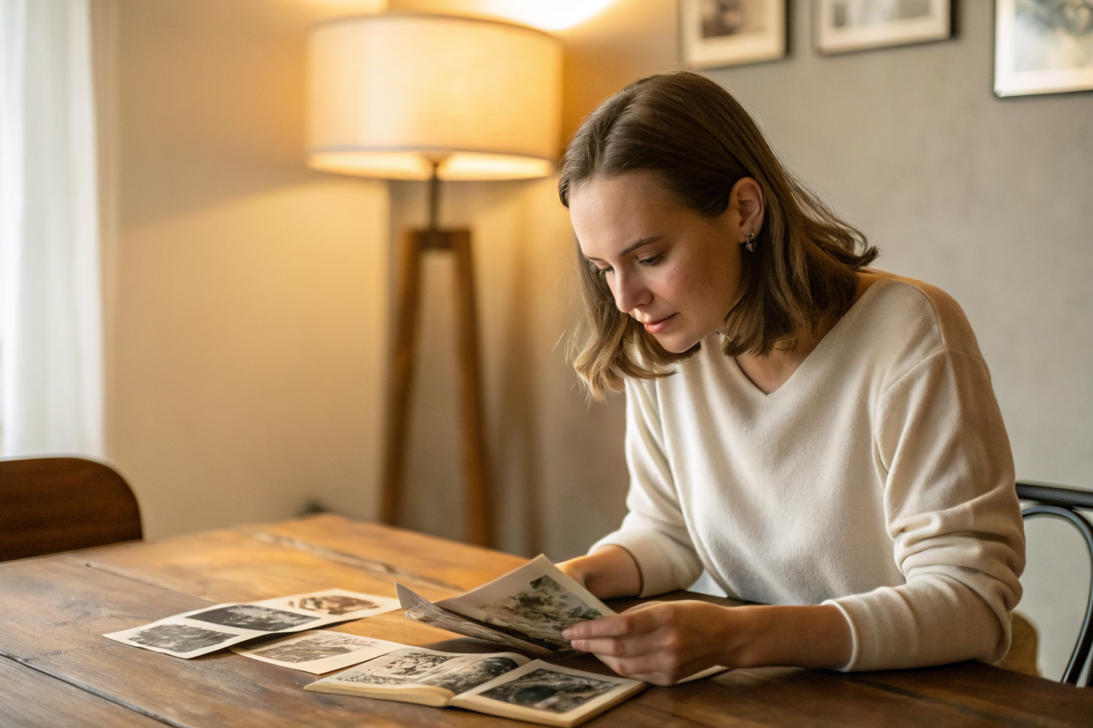 Beeld bij eigenwaarde en aantrekkingskracht: A woman seated at a wooden table looking down at old faded photographs spread in front of her