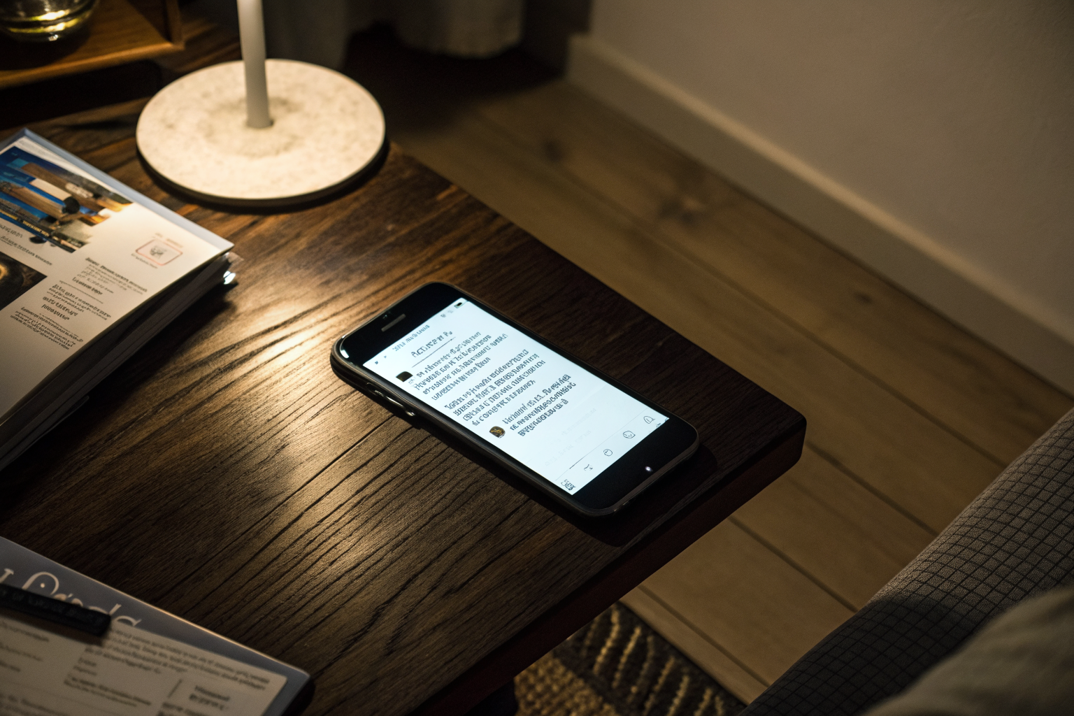 Beeld bij eigenwaarde en aantrekkingskracht: A smartphone lying face-up on a dark wooden surface