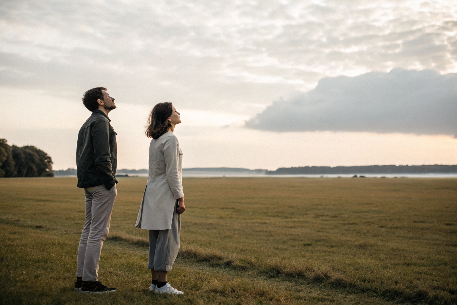 Een man en vrouw staan op eigen benen op een open veld, allebei rustig, kijkend naar de horizon.
