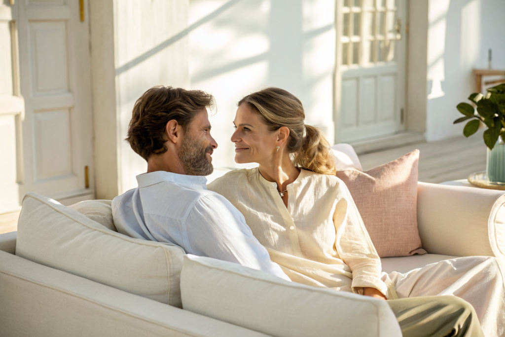 Beeld bij intentie en impact botsen: A man and a woman sitting close together on a soft linen sofa
