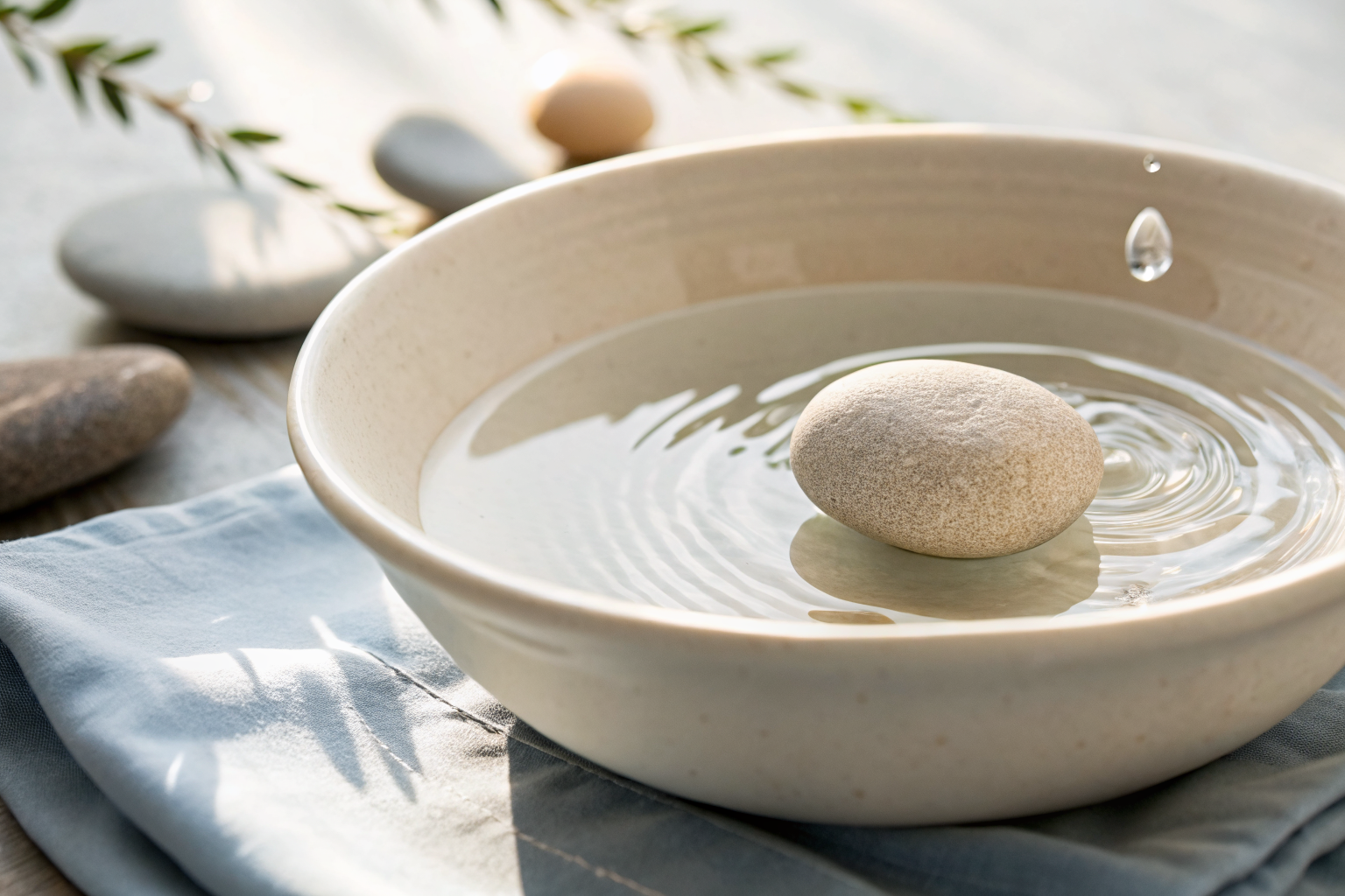 Beeld bij intentie en impact botsen: A single smooth stone dropped into a shallow bowl of clear water