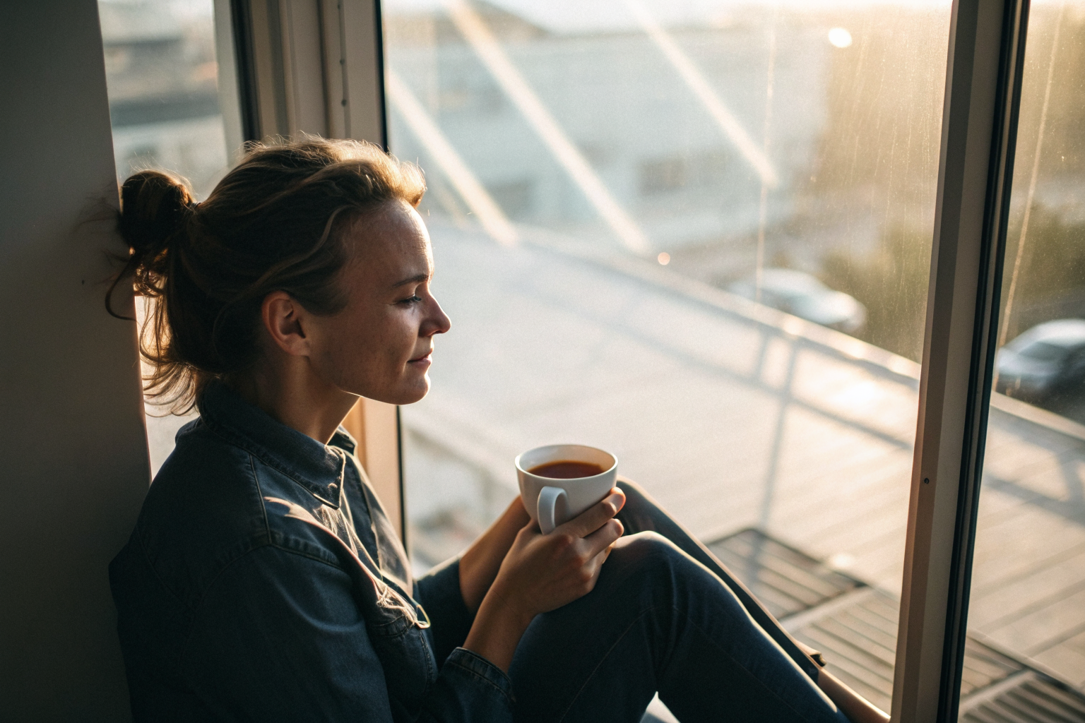 Beeld bij communicatie versus waarden: one adult woman sitting by a bright window with a cup of tea