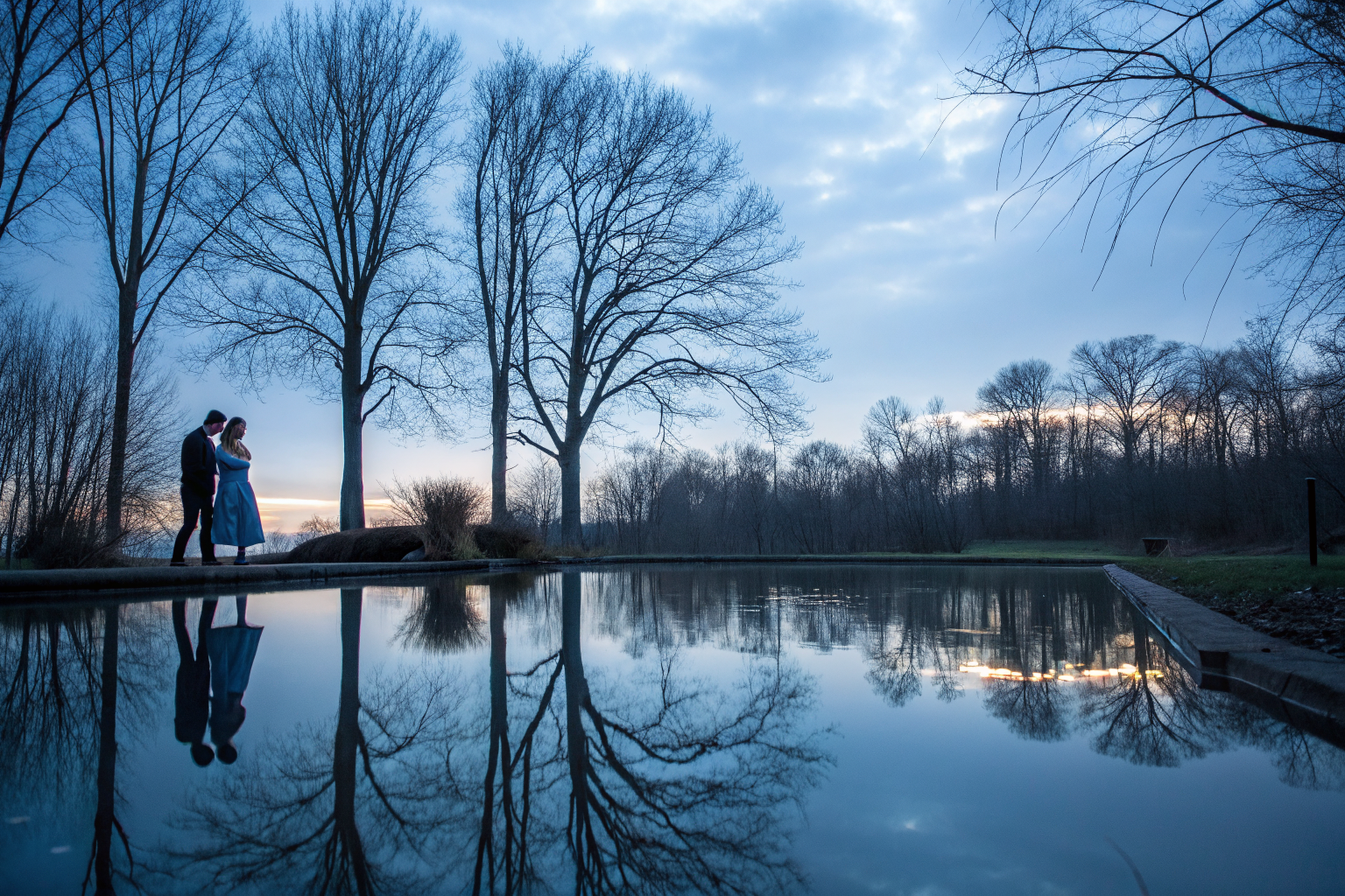 Bomen weerspiegeld in stil water, beeld bij de spiegel van complementaire wondpatronen in relaties
