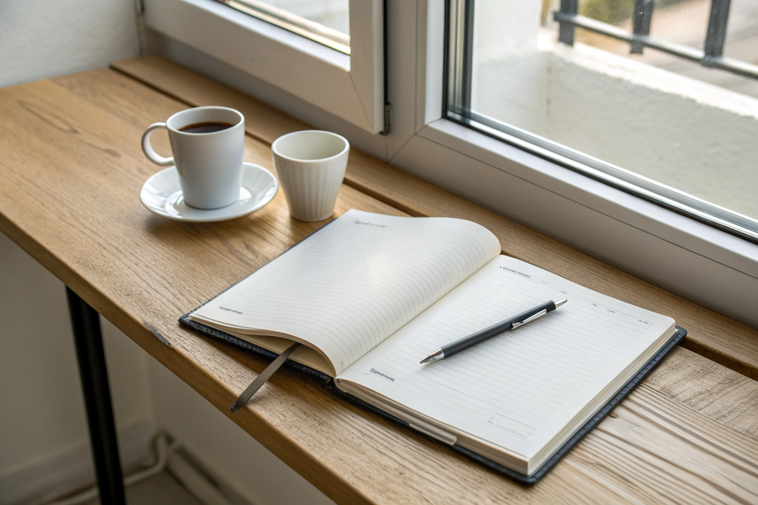 Open notitieboek op een bureau bij het raam, rustig moment van zelfreflectie