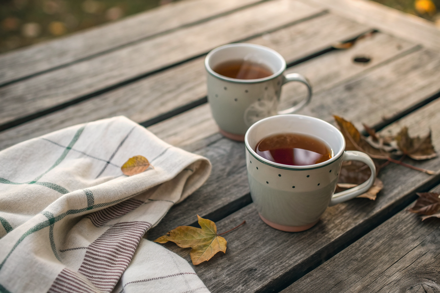 Emotionele veiligheid begint met rust, verbeeld door twee dampende koppen thee op een houten tafel