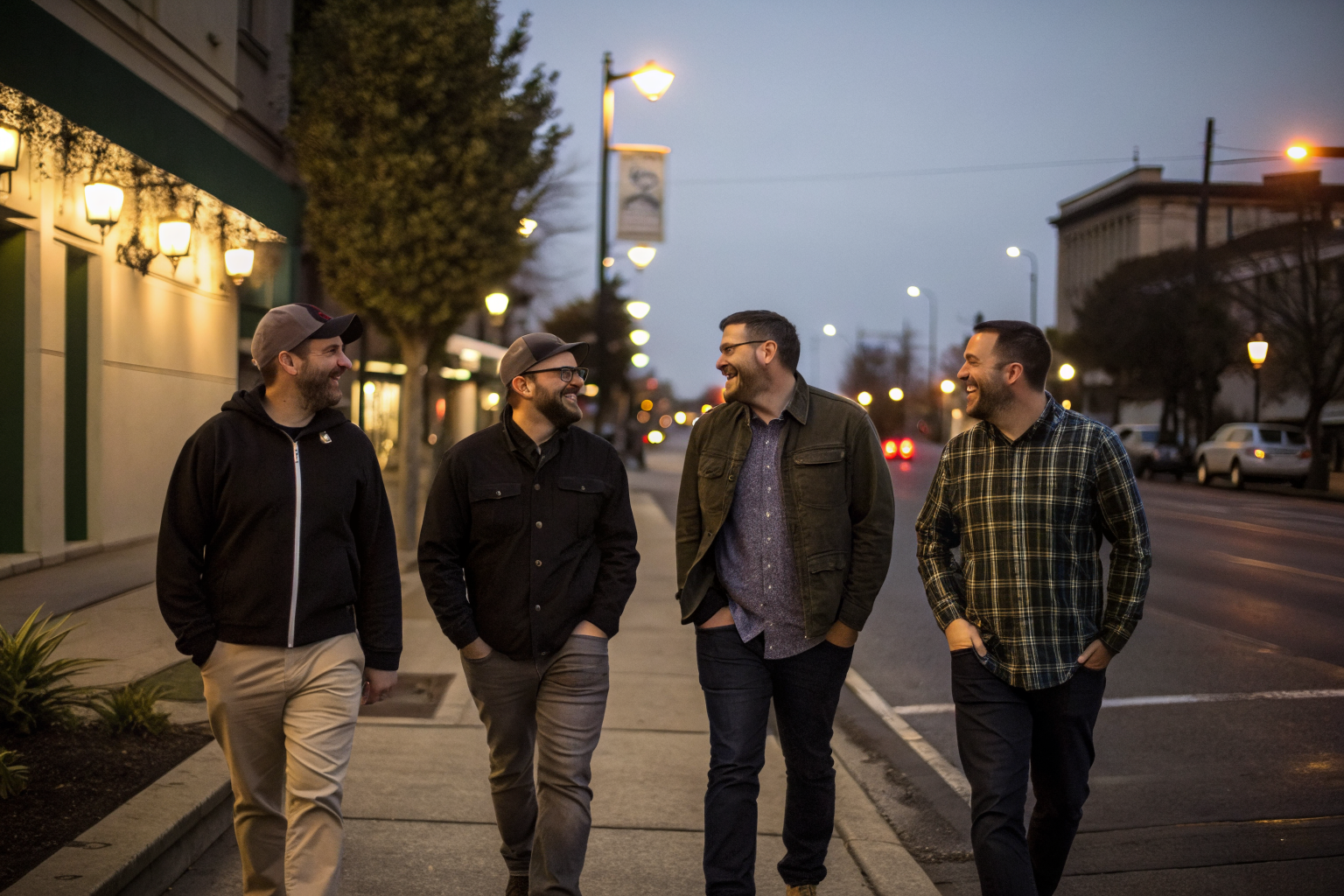 Beeld bij waarom mannen seks betalen: Four grown men walking together along a quiet city street at dusk