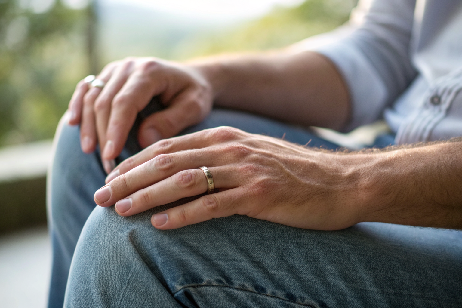 Beeld bij waarom mannen seks betalen: Close-up of a man's hands resting quietly on his knee