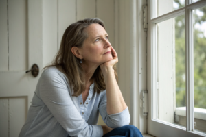 Beeld bij waarom mannen seks betalen: A woman in her forties seated in a calm