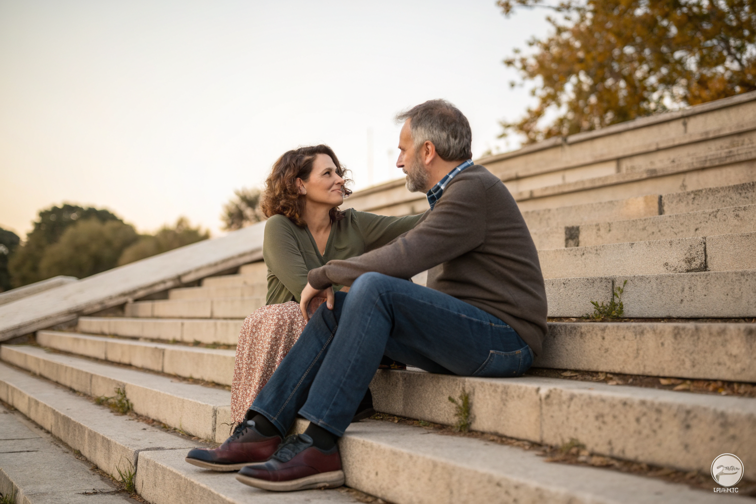 Een man en een vrouw zitten dicht bij elkaar op stenen treden in een openhartig gesprek.
