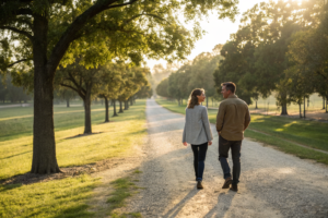 Een man en vrouw wandelen samen over een bospad terwijl ze naar elkaar luisteren, beeld over je partner werkelijk begrijpen
