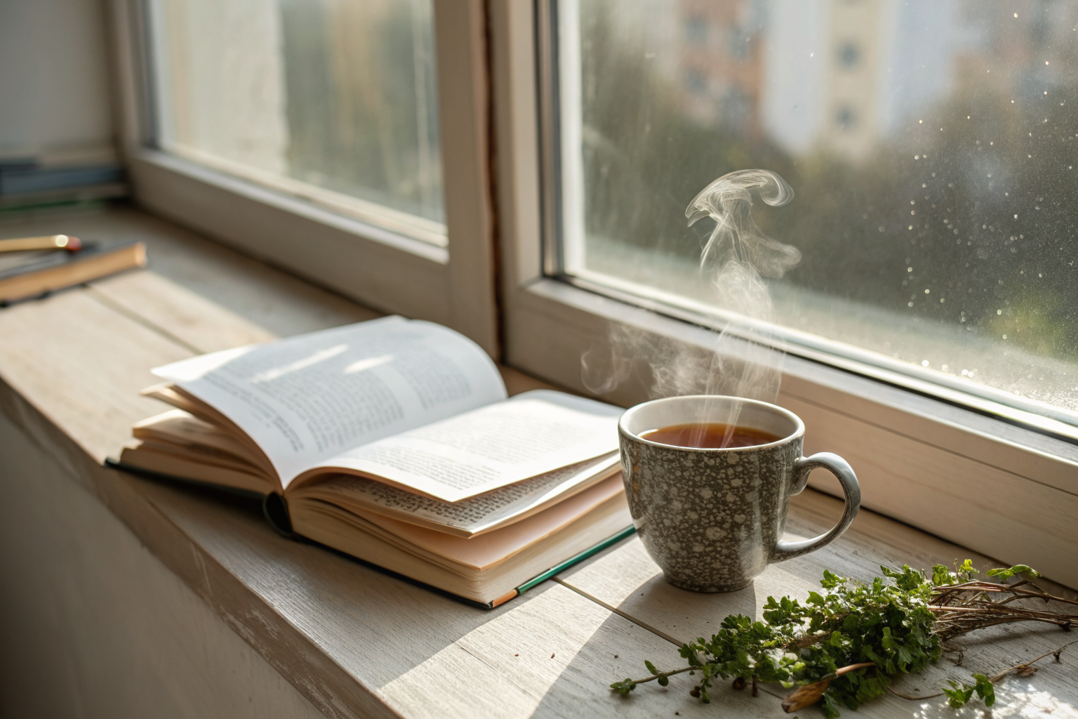 Zonnige vensterbank met thee en een open boek als rustig moment van reflectie en stilstaan