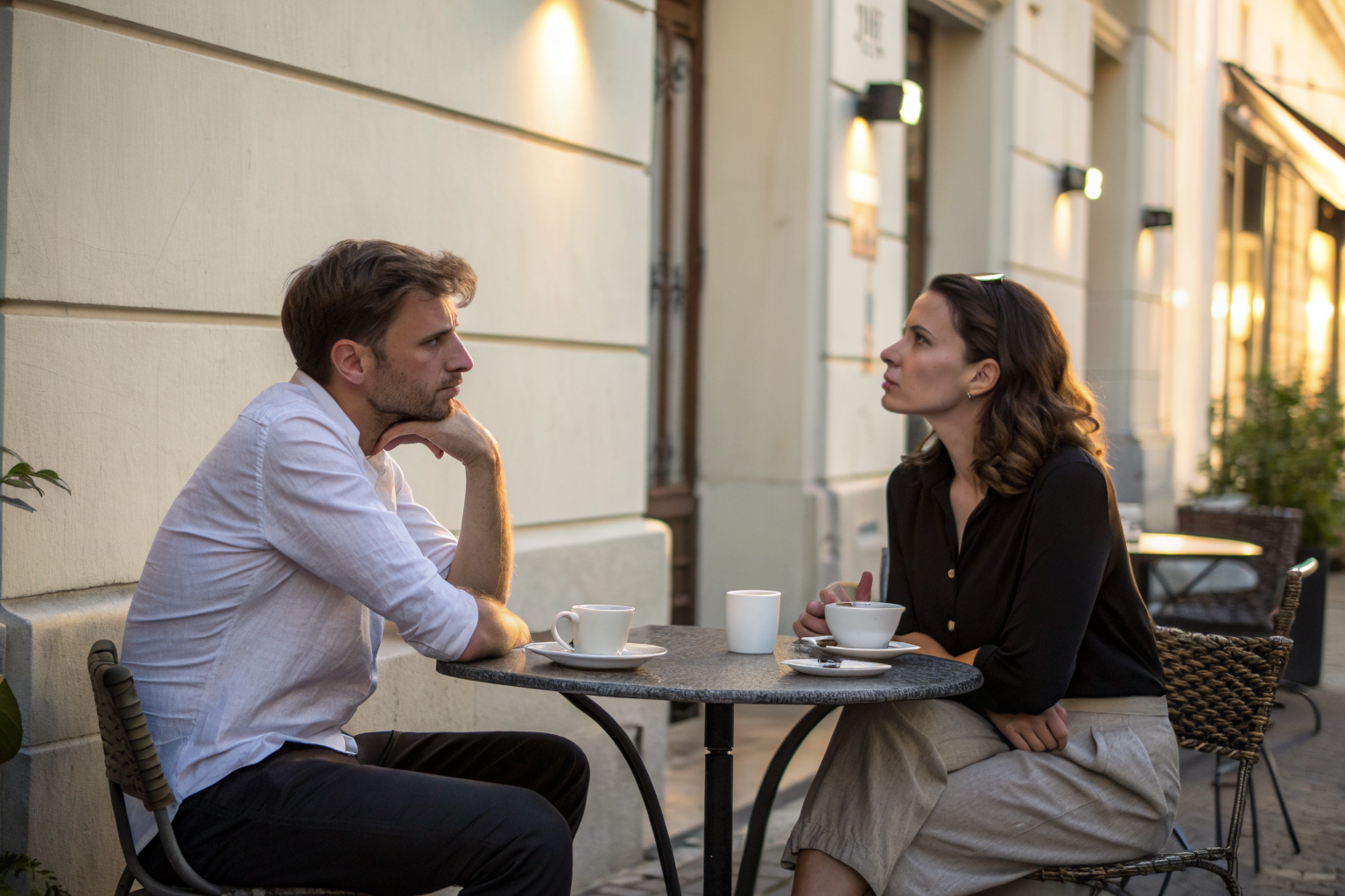 Een man en vrouw aan een cafetafel met voelbare afstand, wat gebeurt als je je partner werkelijk begrijpen loslaat