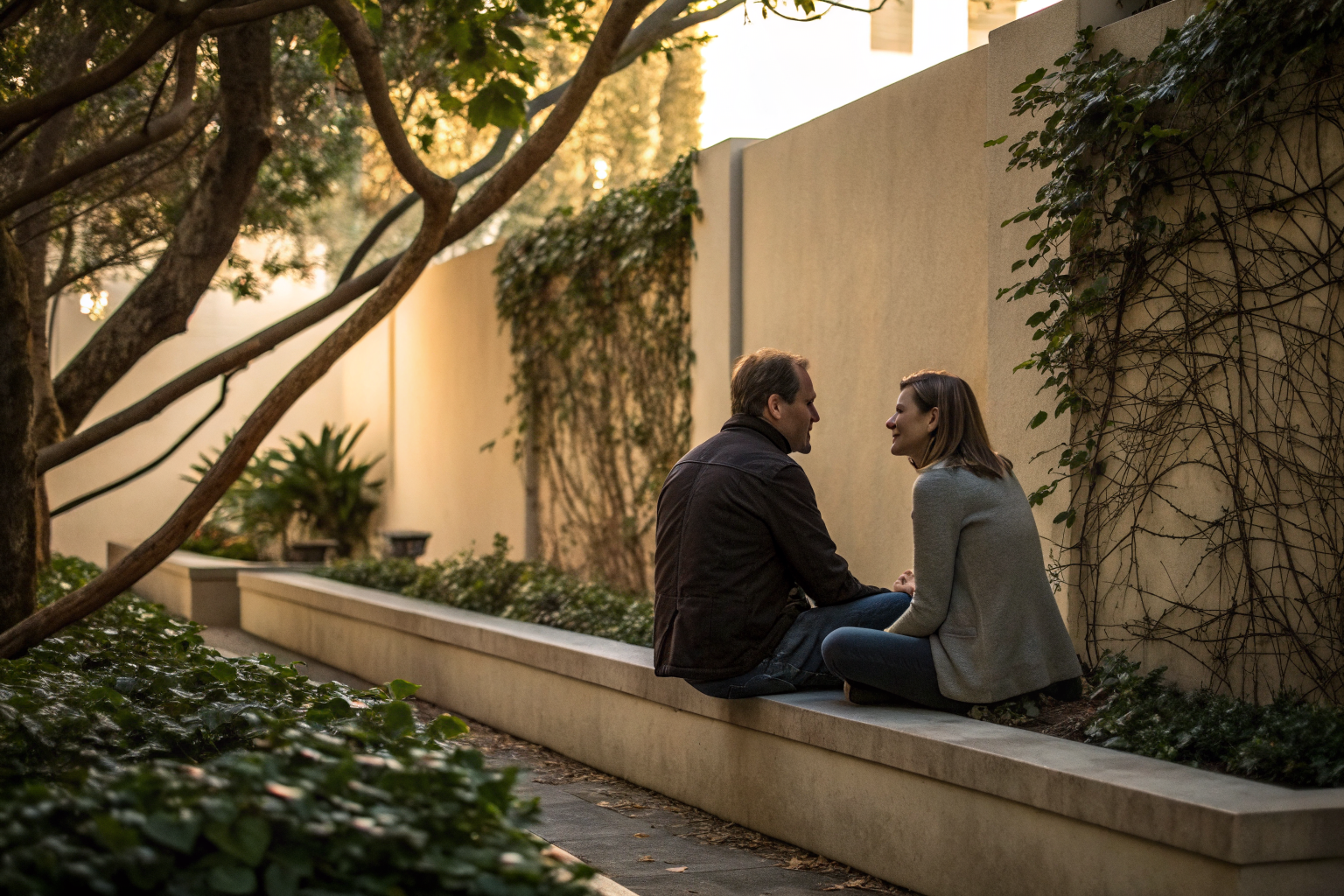 Een man en vrouw in aandachtig gesprek op een tuinmuurtje, oefenen in je partner werkelijk begrijpen