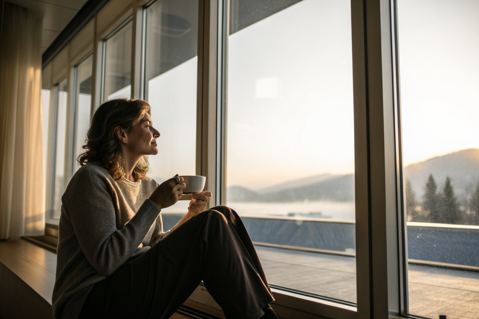 Een vrouw met een kop thee bij een licht raam, passend bij lange relatie crisis