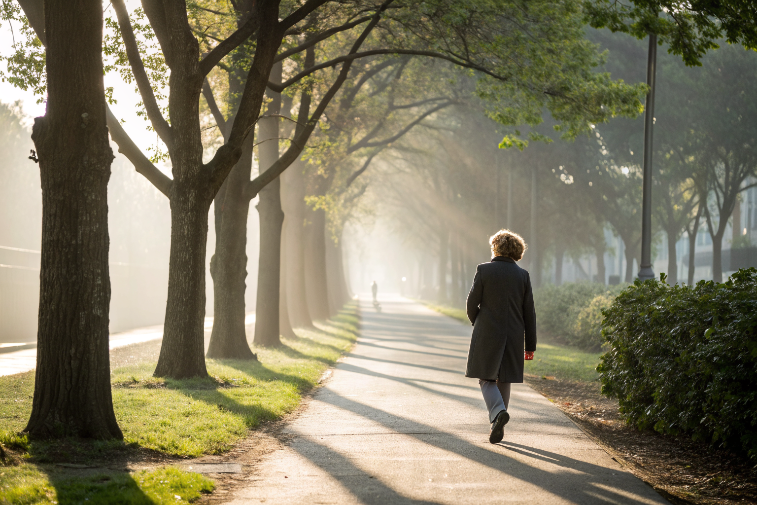 een vrouw die licht en hoopvol over een zonnig pad loopt