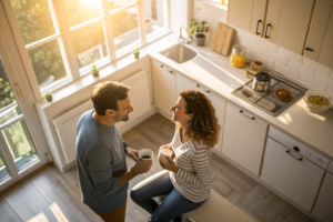 Een man en vrouw in gesprek in een lichte keuken, passend bij mannelijke behoeften in relaties