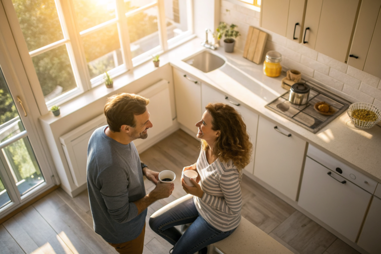 Een man en vrouw in gesprek in een lichte keuken, passend bij mannelijke behoeften in relaties