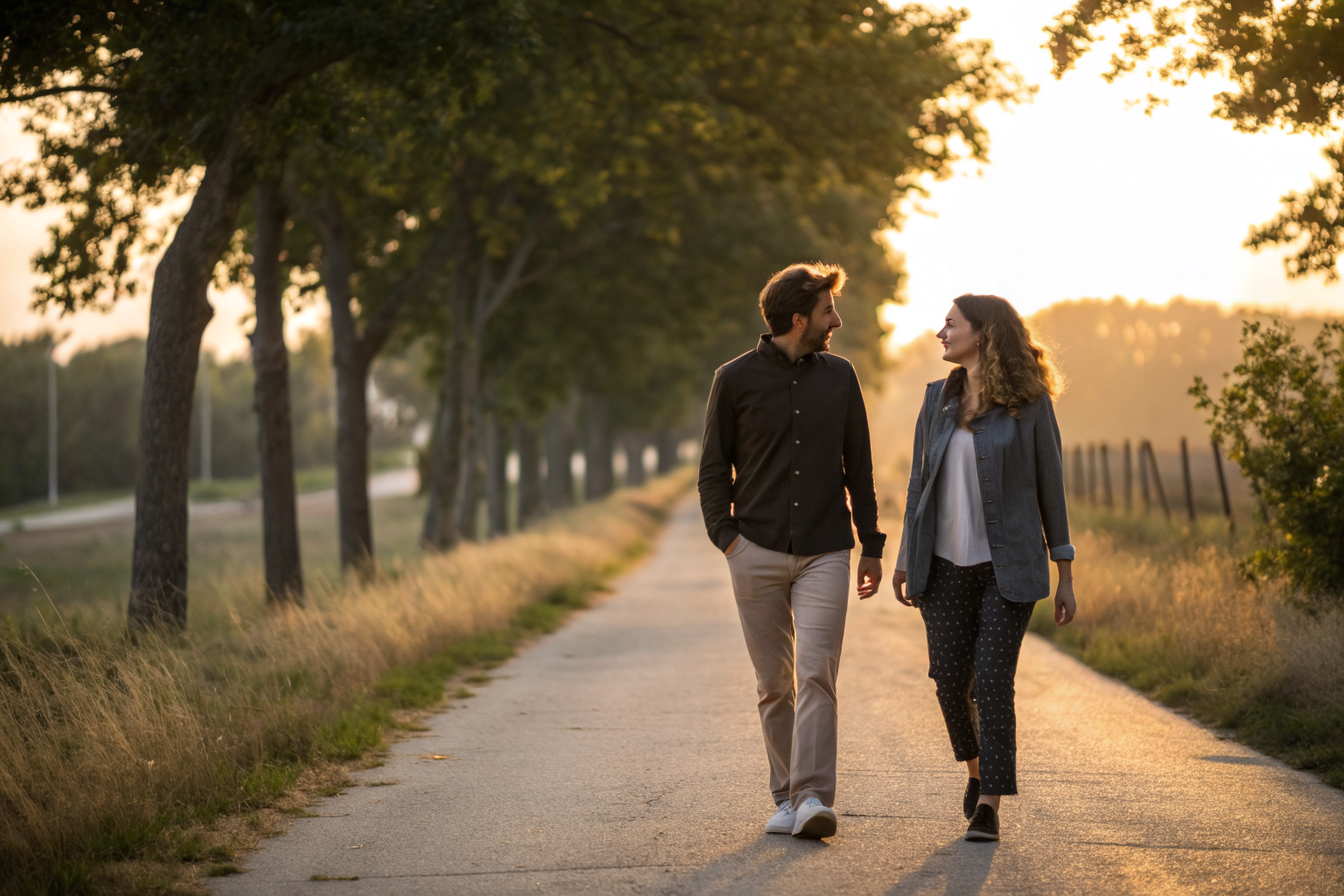 Een man en een vrouw lopen ontspannen naast elkaar over een bomenlaan in warm avondlicht.