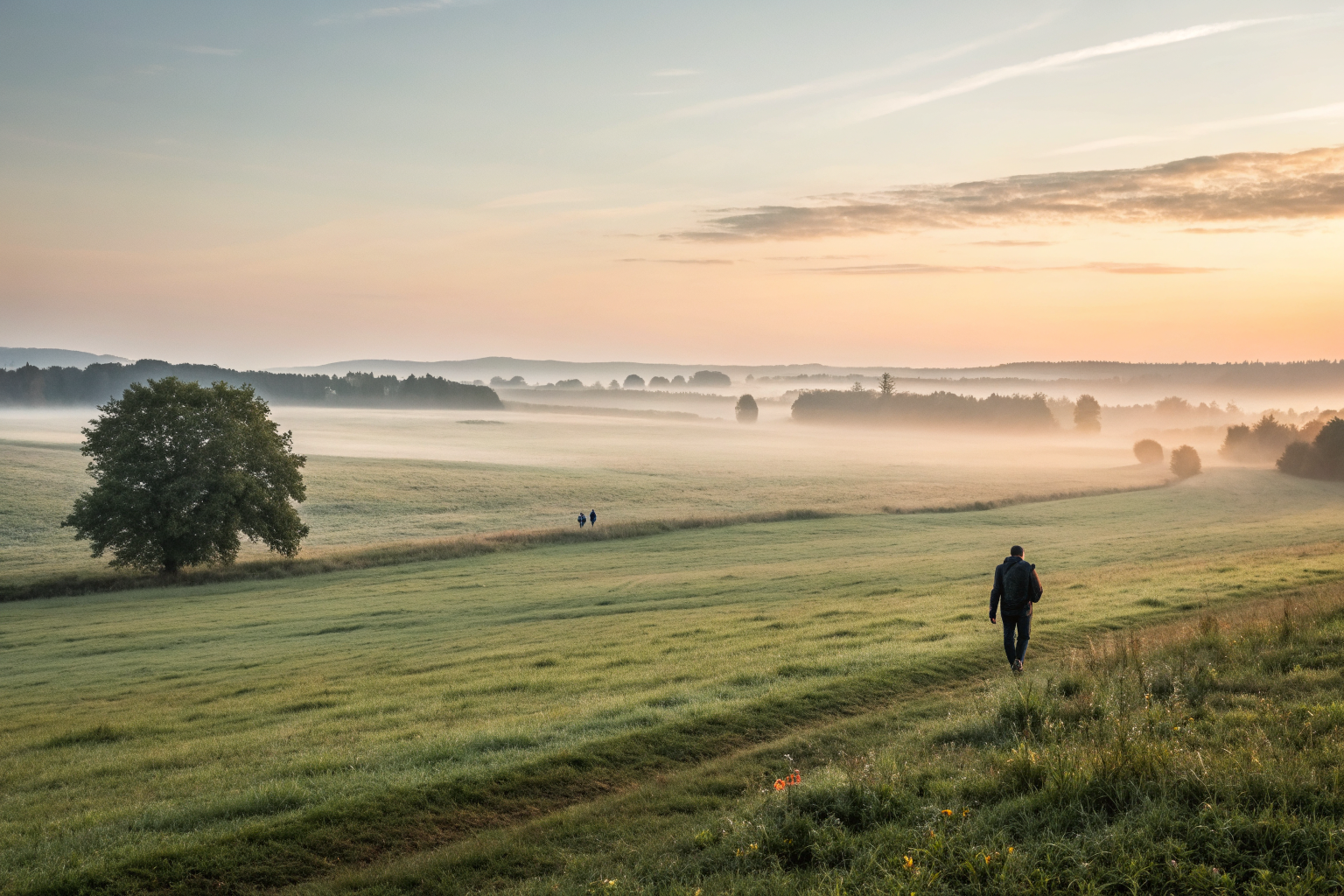 A misty open field at dawn where the horizon is almost impossible to make out., passend bij veilige relatiebehoefte